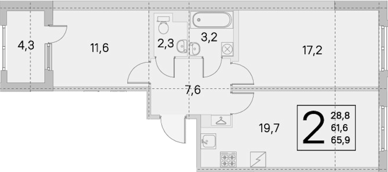 2-комнатная квартира 61.6 м², 1/5 эт., ЖК «ЮгТаун. Олимпийские кварталы»
